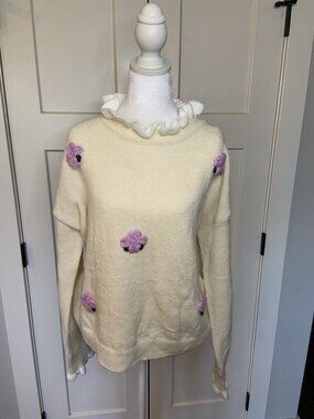 NWT BiBi Alpaca Blend Floral Appliqué Ruffle Neck Sweater Size Large